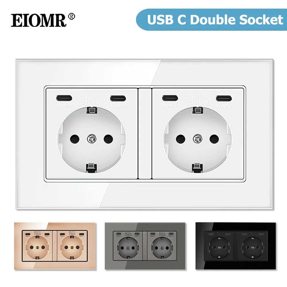 EIOMR EU-Standard-USB-C-Strom-Doppelsteckdose, AC 250 V, 16 A Unterputz-Wandsteckdose, 5 V, 2,1 A, USB-C-Anschluss, Standard-Steckdose Image
