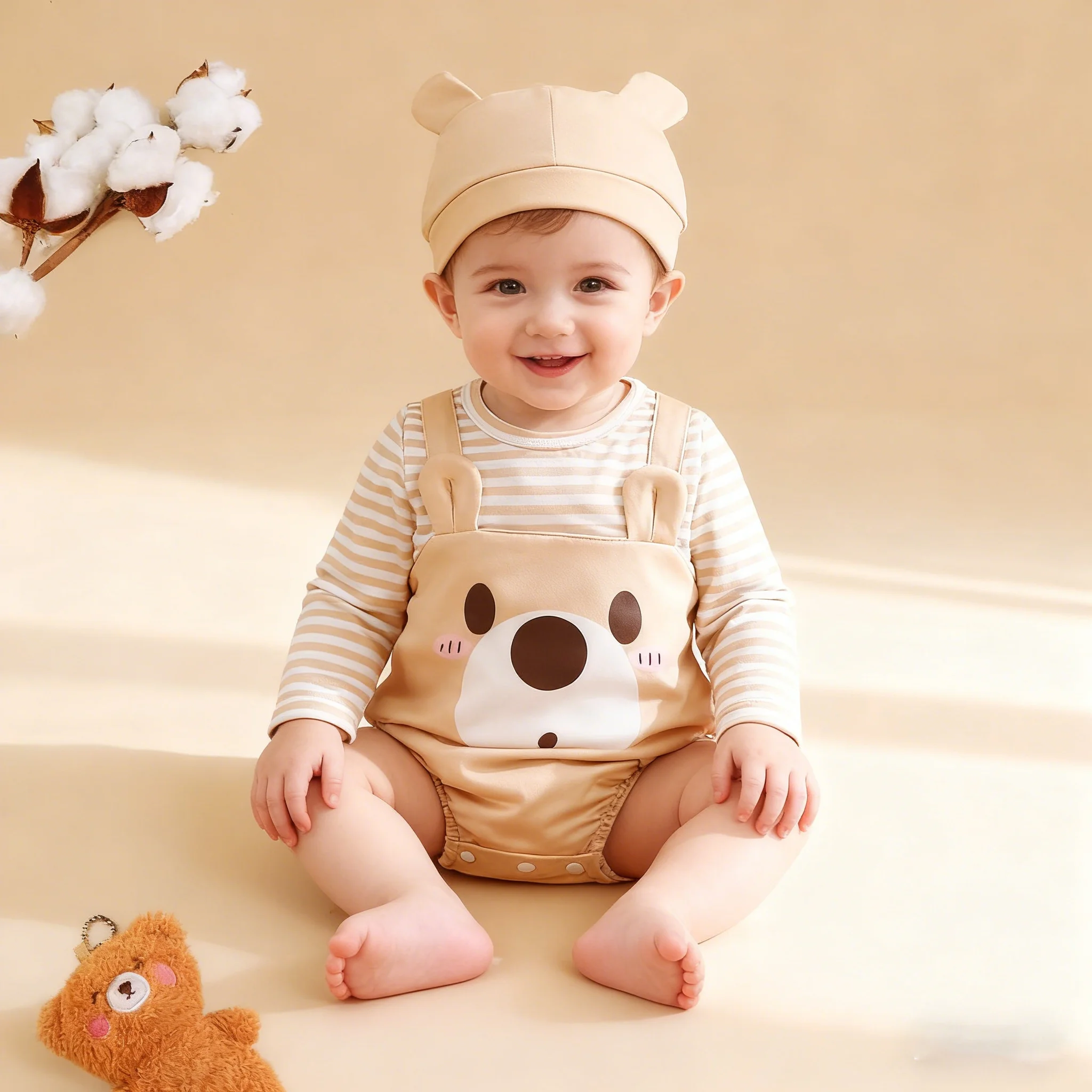 Overall für Neugeborene, Jungen, kleiner Bärenmuster, langärmeliger Overall + Mütze, zweiteiliges Set, 0–18 Monate, Baby-Body, Overall Image