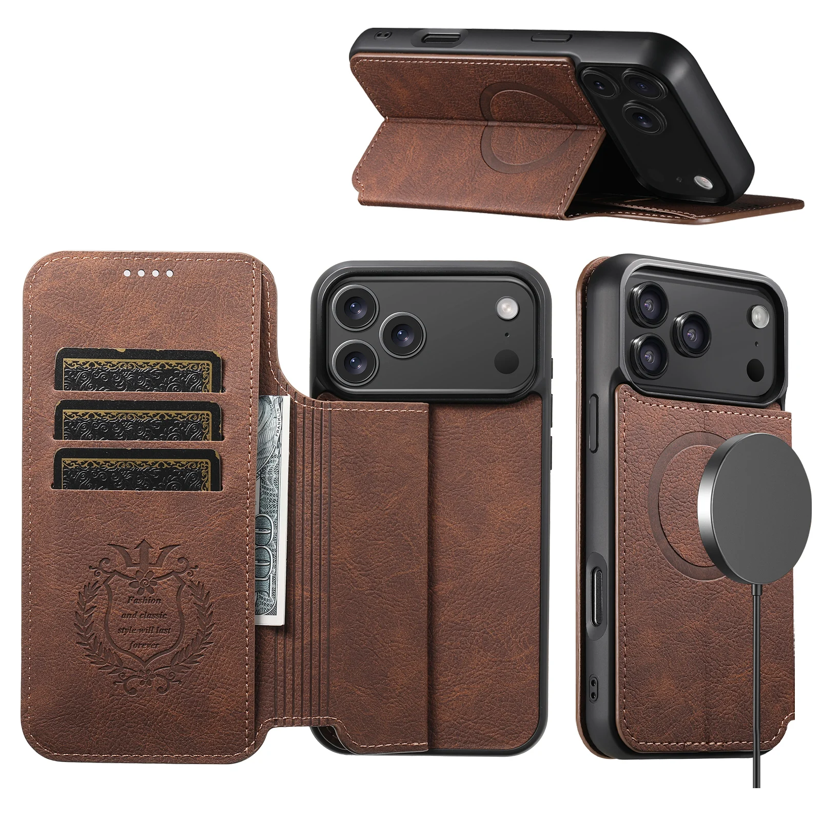 SUTENI Flip-Cover-Telefonhülle, kabelloses Laden, Kunstleder, Kartenhalter, Ständer, Brieftasche, Magnet, für iPhone 17 Pro Max 16 Plus 15 14 Image