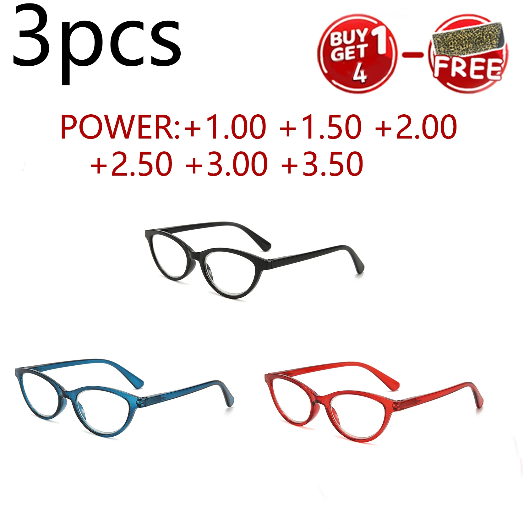 3 kleine Cat-Eye-Lesebrillen, Federscharniere, gemütlich und angenehm zu tragen, Leistung: 1,00 – 3,50 Image