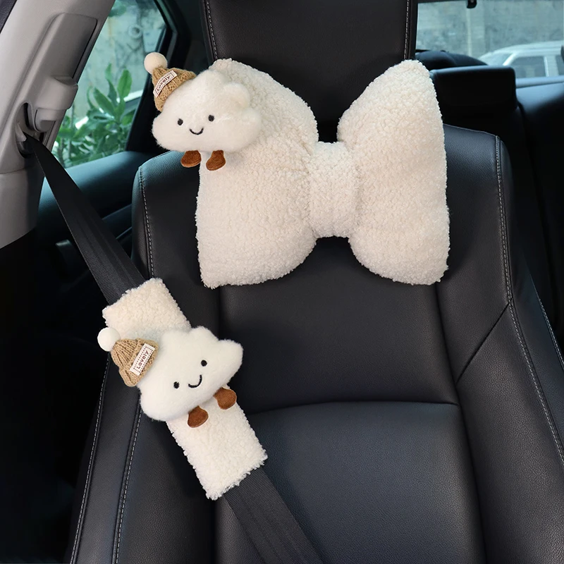 1pc Cartoon Auto Kopfstütze Nacken Kissen Universal Nette Wolke Komfortable Plüsch Bogen-förmigen Auto Kissen Rückenlehne Kissen innen Image