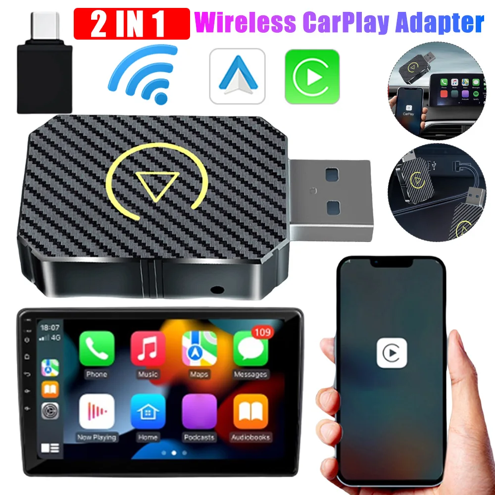 2-in-1 kabelgebunden mit kabellosem CarPlay, Android-Auto-Adapter, USB-Dongle, Smart-Dongle, CarPlay Mini Box, Plug-and-Play für OEM-Autoradio Image