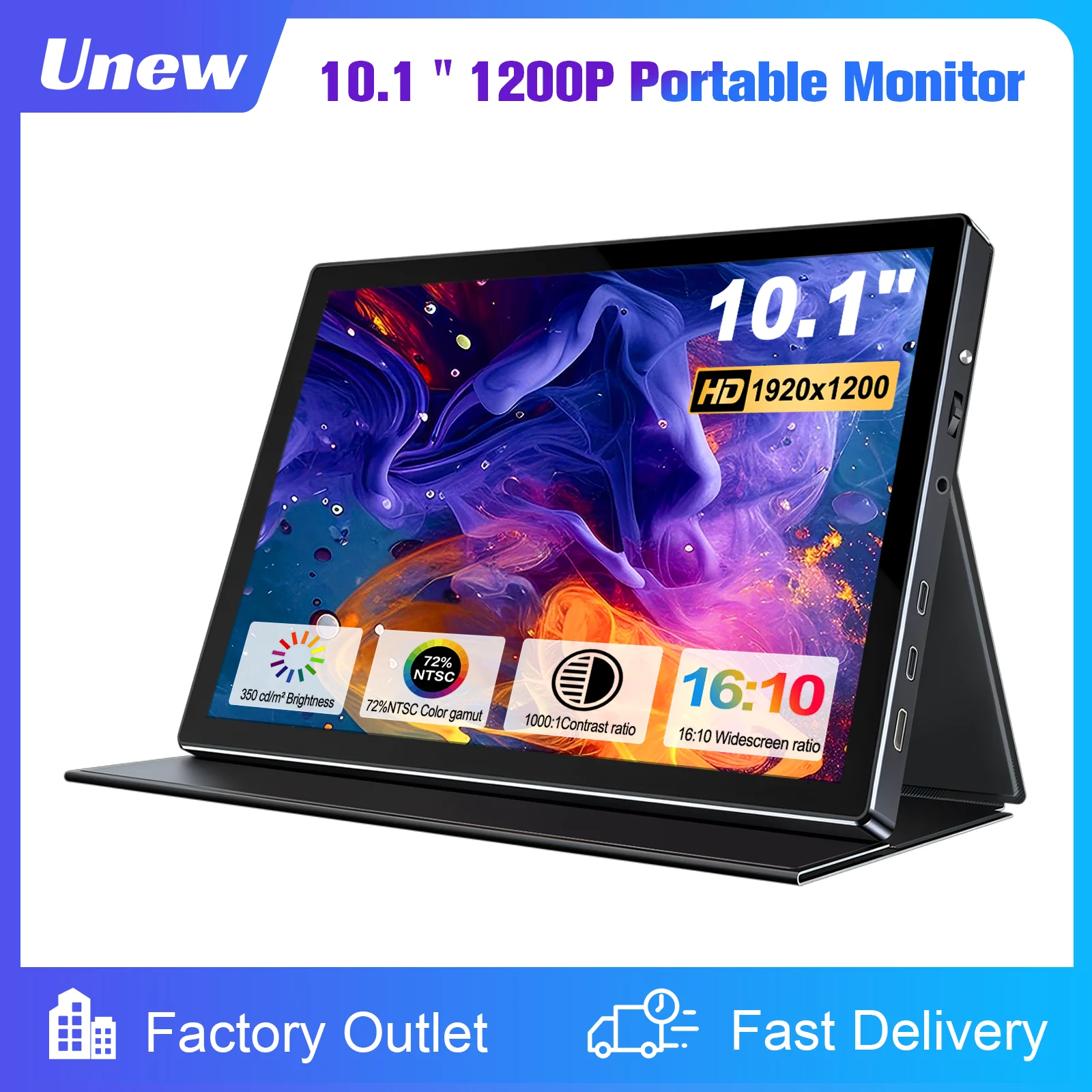 10,1 Zoll 1920 x 1200 tragbarer Monitor, unterstützt Typc-C/HDMI, Ledertasche VESA 75 x 75 mm, für Mobiltelefon-Laptops, PC, Autocomputer Image