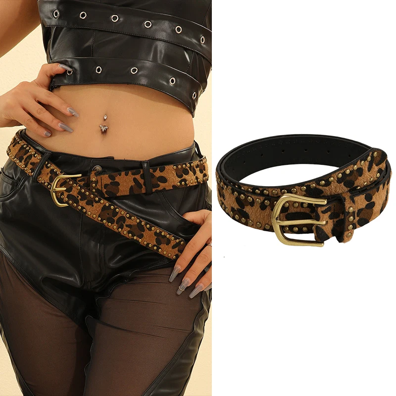 Brauner Leopardenmuster Damengürtel Goth Retro Punk Y2k Mädchen Gürtel Hip-Hop Trendy Jeans Accessoires Leder Dornschließe Bund Image