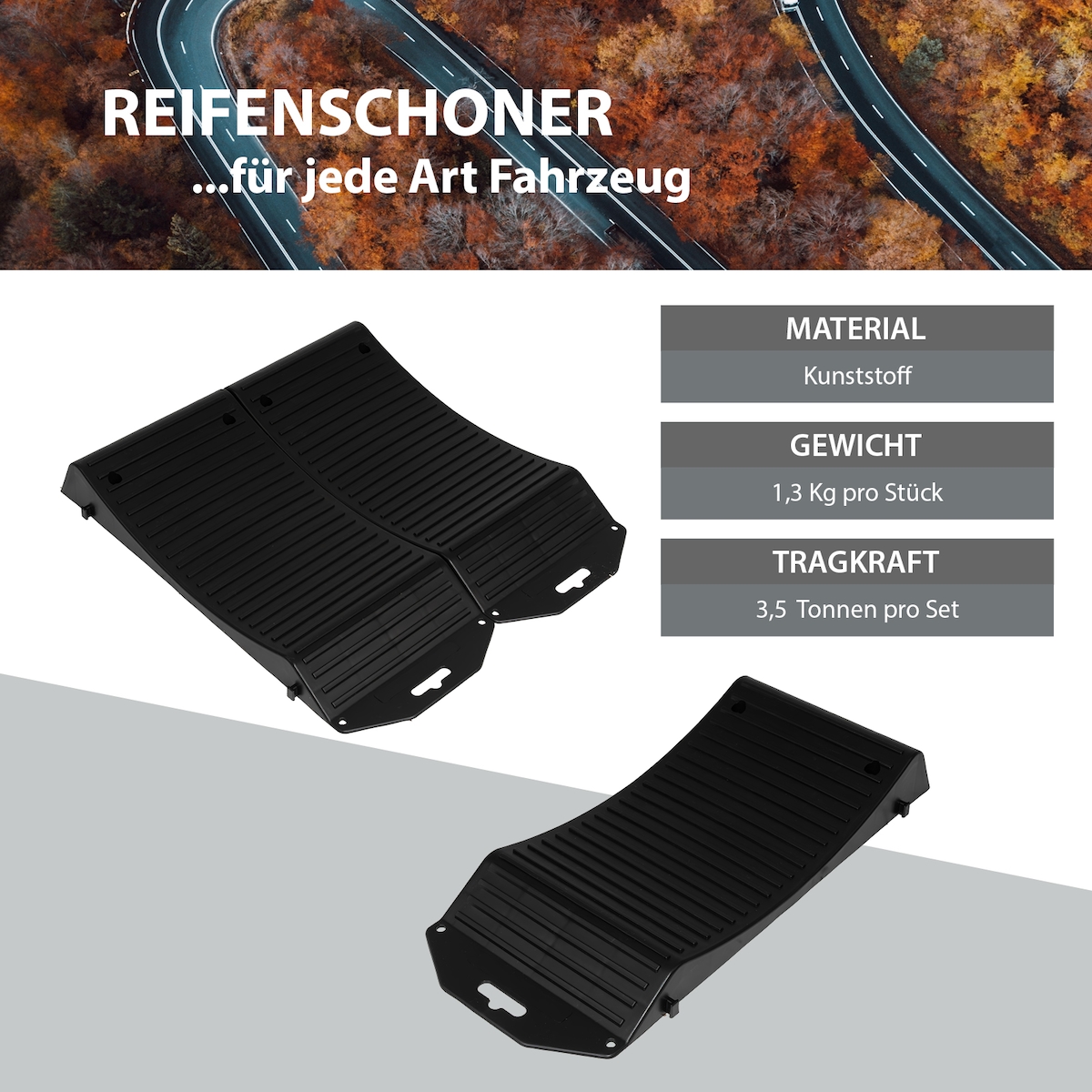 2 x Reifenschoner 3,5 T Tragkraftt 49x21x6 cm Kunststoff Zusammensteckbar Ausgleichsrampe WOMO PKW Image