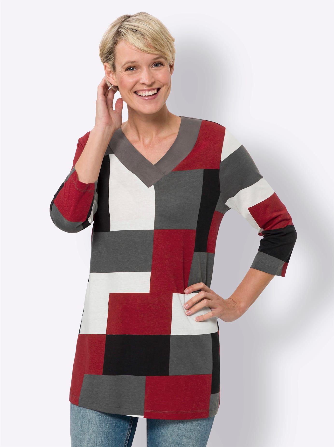 Longshirt CLASSIC BASICS "Longshirt", Damen, Gr. 40, rot (schwarz, kirsche, bedruckt), 100% Baumwolle, bedruckt, gemustert, mehrfarbig, V-Ausschnitt, Shirts Image