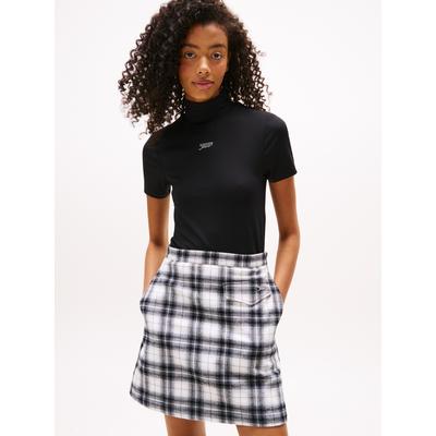 Kurzarmshirt TOMMY JEANS "TJW SLIM SILVER SCRIPT MOCK SS", Damen, Gr. M (38), schwarz, Single Jersey, Obermaterial: 95% Nylon, 5% sonstige Fasern, unifarben, casual, slim fit, Kurzarm, Shirts Image