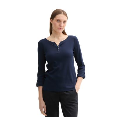 Henleyshirt TOM TAILOR, Damen, Gr. XXXL (46), blau (sky captain blau), Web, Obermaterial: 97% Baumwolle, 3% Elasthan, casual, regular fit taillenbedeckt, Rundhals, 3/4-Ärmel mit Aufschlag, Shirts, mit Turn-Up-Arm Image
