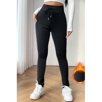 Schwarze Solid Drawstring-Taille Thermo-Lined Leggings Image