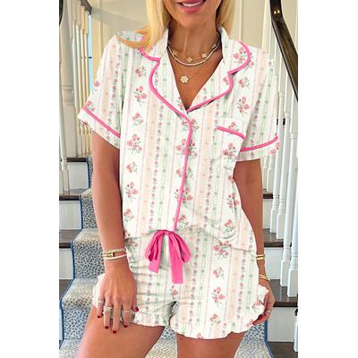 Beige Floral Print Kontrastpiping Kurzes Pyjama-Set Image