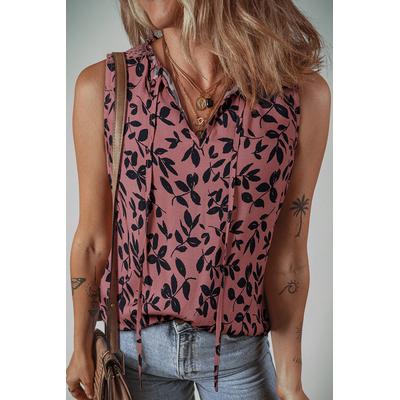 Braunes Blattmuster Schnür-Tanktop mit V-Ausschnitt und crinkled Optik Image