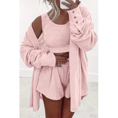 Helles Rosa 3-teiliges Set aus Cropped Tanktop, Shorts und Cardigan für die Freizeit Image