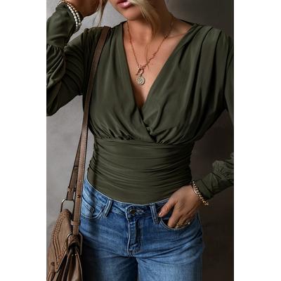 Moosgrüner, geraffter Wickel-Bodysuit mit V-Ausschnitt und langen Ärmeln Image