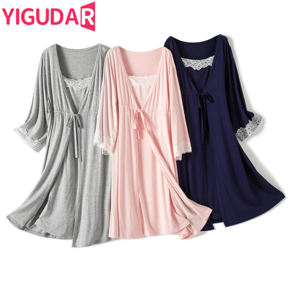 2 teile/satz Schwangerschaft Pyjamas Nachtwäsche Pflege Schwangere Frau Sling Stillen Nachthemd Mutterschaft Arbeit Kleid + Robe Geburt Image