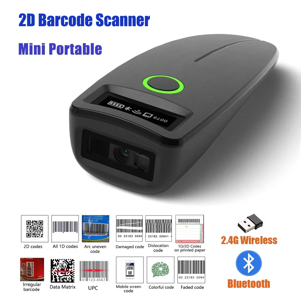 2D Barcode Scanner Mini 2,4G Wireless Bluetooth Handheld Tragbare 1D 2D QR Code Daten Matrix PDF417 Reader mit Speicher Funktion Image