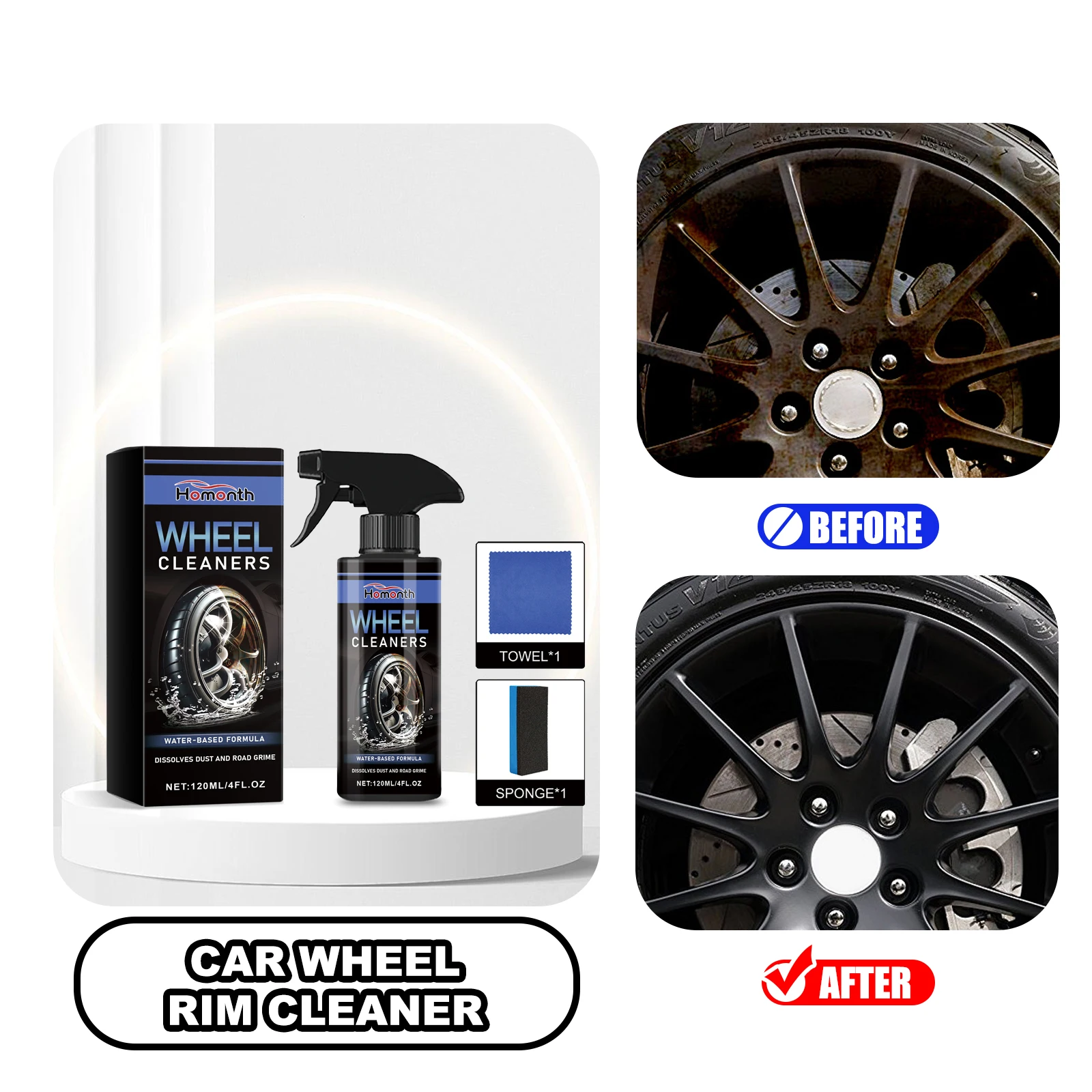 HOMONTH Auto-Felgenreiniger-Spray, 120 ml, Reinigungsmittel für Autoreifen, Rostentferner, schnelles Entfernen von Flecken, Wiederherstellung von Reifen, Metallglanz