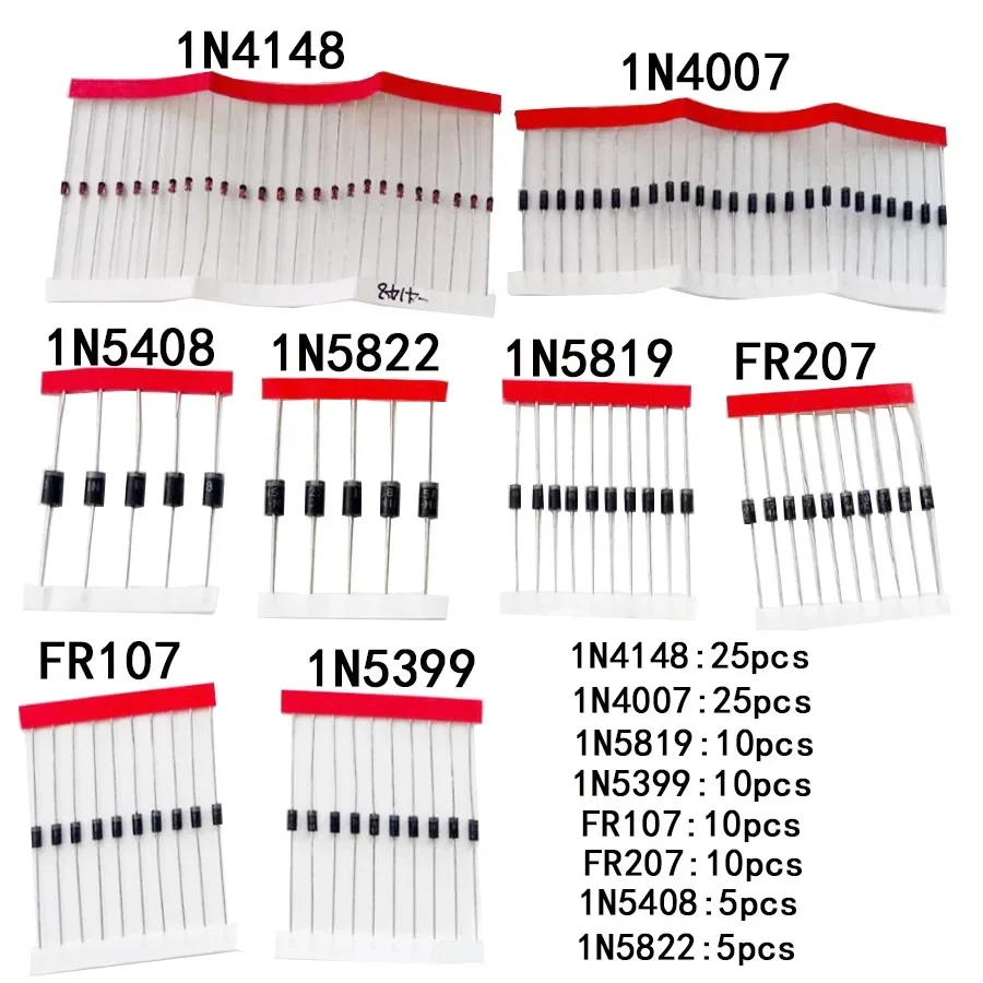 Schnellschalt-Schottky-Dioden-Kit-Set 1N4148 1N4007 1N5819 1N5399 1N5408 1N5822 FR107 FR207, 8 Werte = 100 Stück, elektronische Komponenten Image