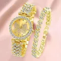 2 Teile/satz Mode Schmetterling Zifferblatt Frauen Uhren Luxus Strass Quarz Armbanduhr Armband Set