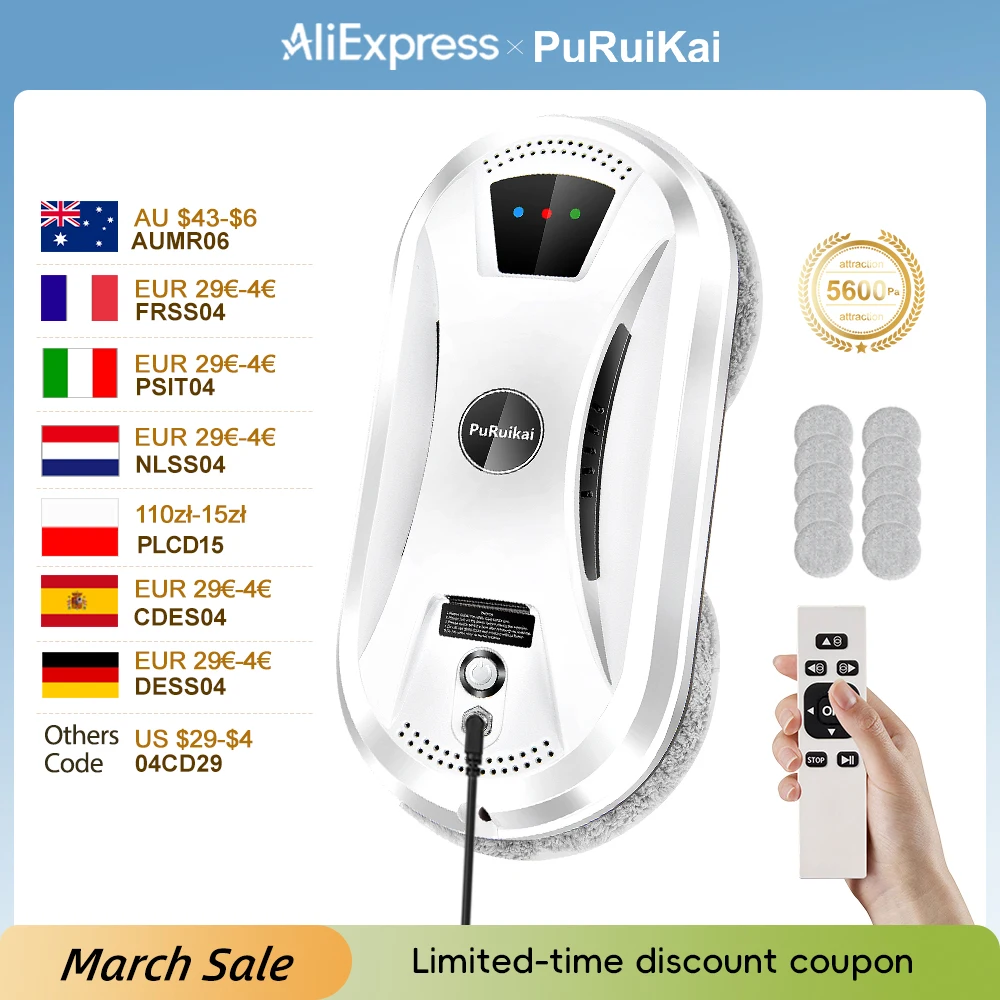 PuRuiKai AI Fensterputzroboter, intelligenter automatischer Reiniger, streifenfrei, für Fenster/Fliesen/Glastüren, selbstreinigend, extrem leise Image