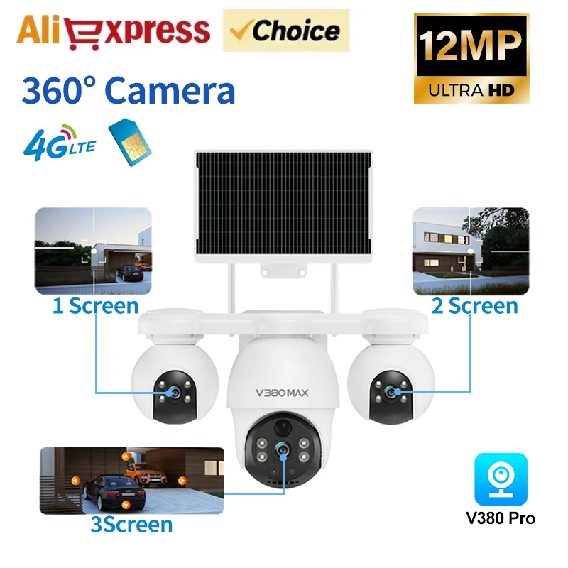 12 MP V380 MAX 4G solarbetriebene Sicherheitskamera 360 ° Vollfarb-Nachtsicht anzeigen, kein WiFi erforderlich, Fernmonitor Image