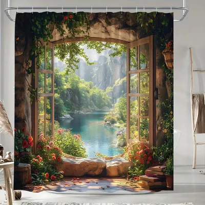 Transform Your Bathroom with this Waterproof Shower Curtain Featuring a Scenic Window View of Lush Mountains and Serene