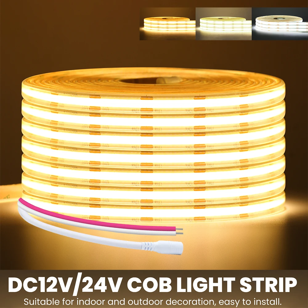Striscia LED COB 12V 24V Spina CC/Cavo a 2 pin Nastro flessibile impermeabile ad alta luminosità 480LED/m Bianco naturale caldo 5M 10M 20M 0,5M