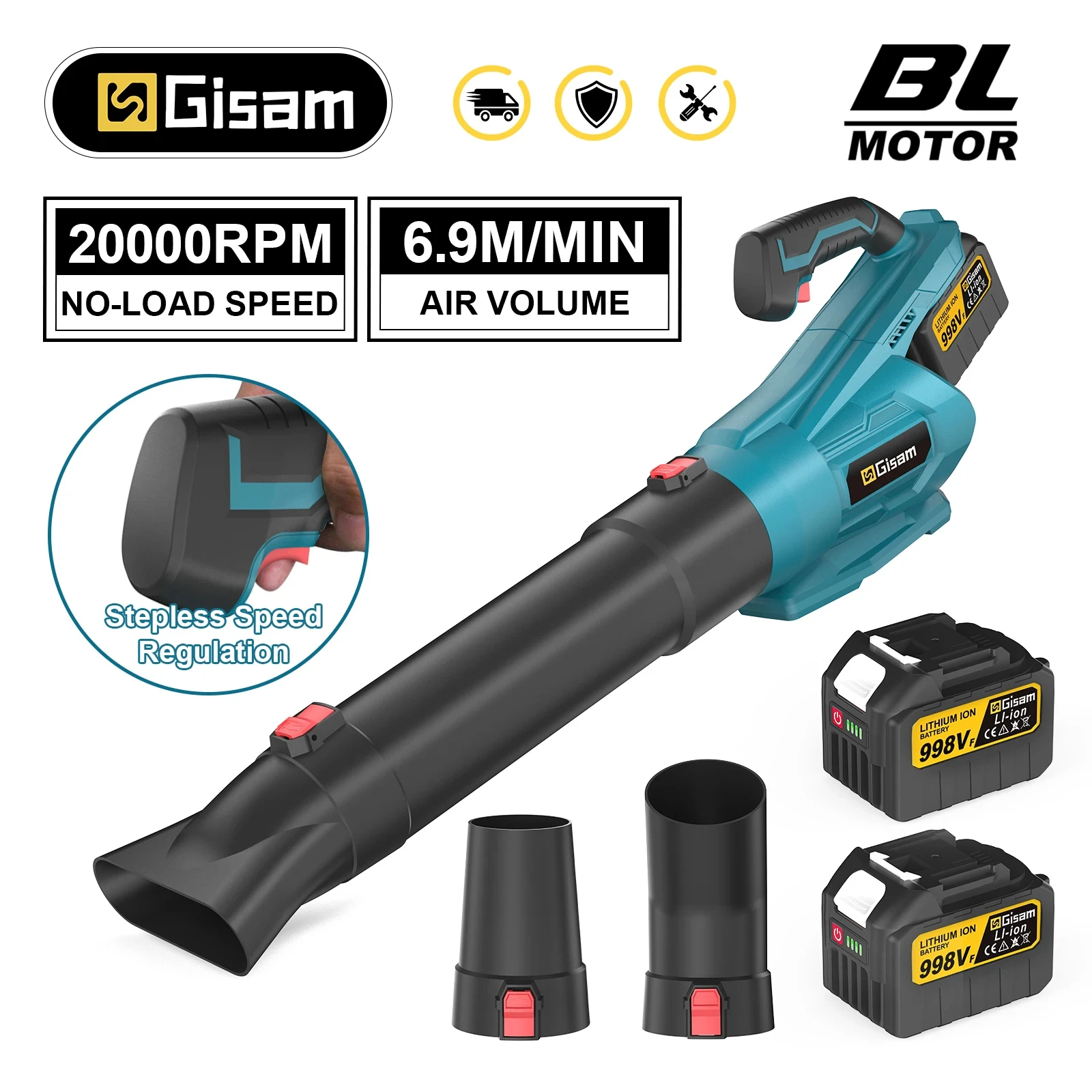 GΣ 2000 W bürstenloses elektrisches Luftgebläse, kabelloses Laubbläser, Blätter, Schnee, Staub, Reinigungswerkzeug, passend für Makita 18 V-Batterie-Stifte Image