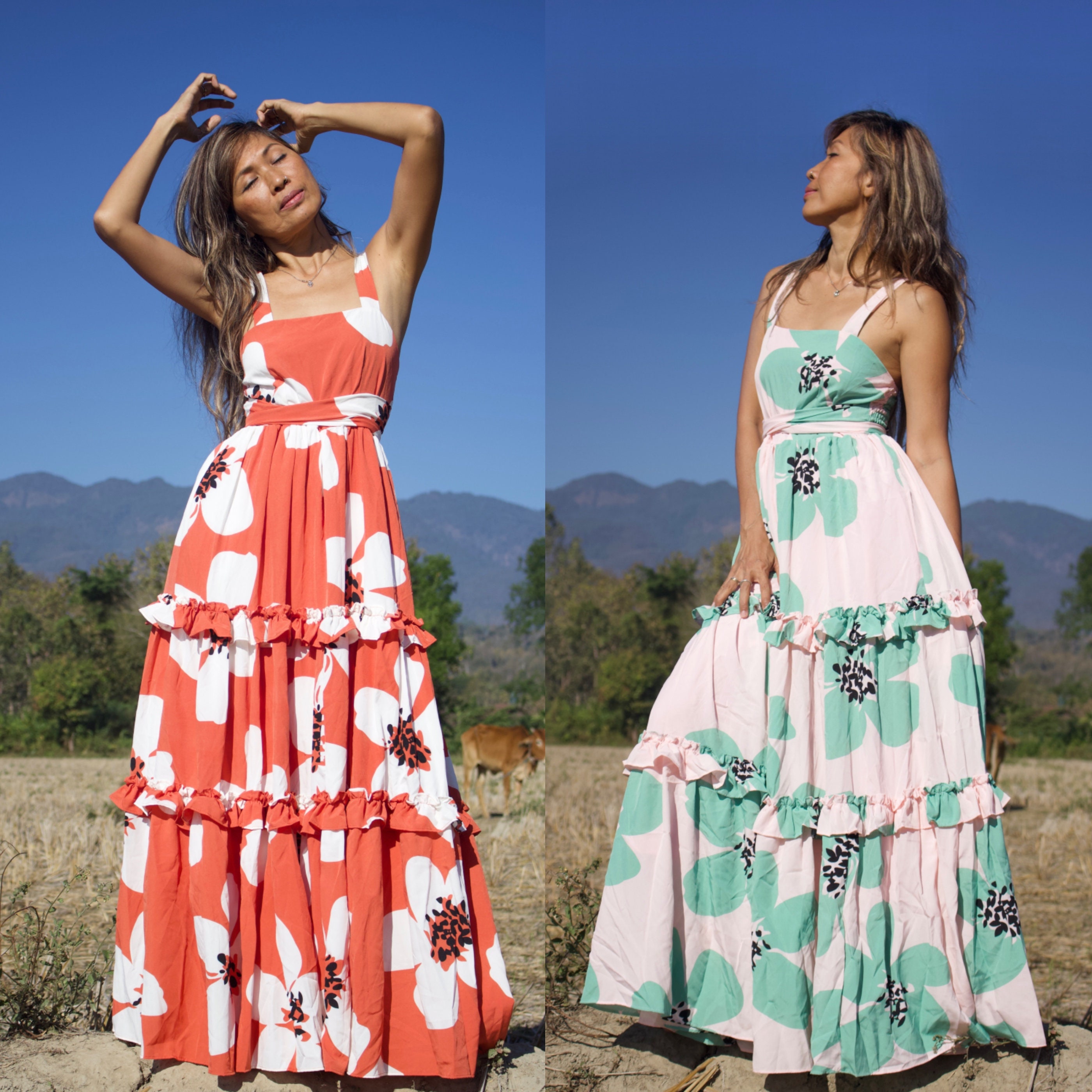 Abito lungo stampato Boho Flora, abiti da donna Boho, abito lungo rosa Flora, abito lungo Boho con volant, abito lungo da spiaggia, abito lungo da fes