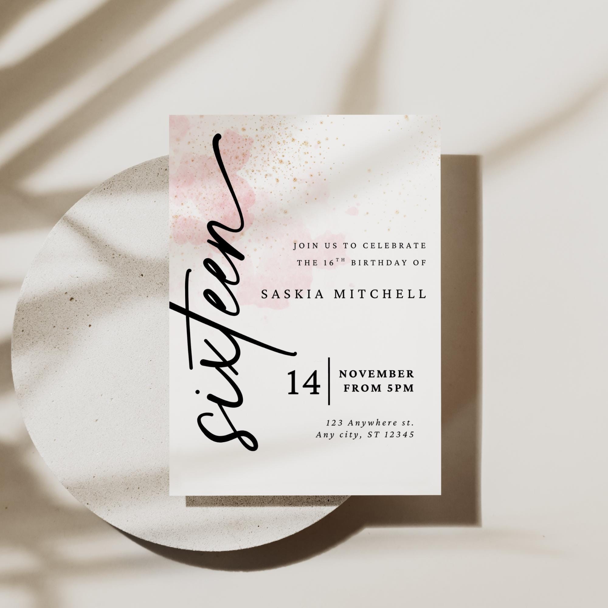 Invito per il 16o compleanno, invito per il 16o compleanno, invito in oro rosa per il 16o compleanno, invito modificabile per il 16o compleanno, invit