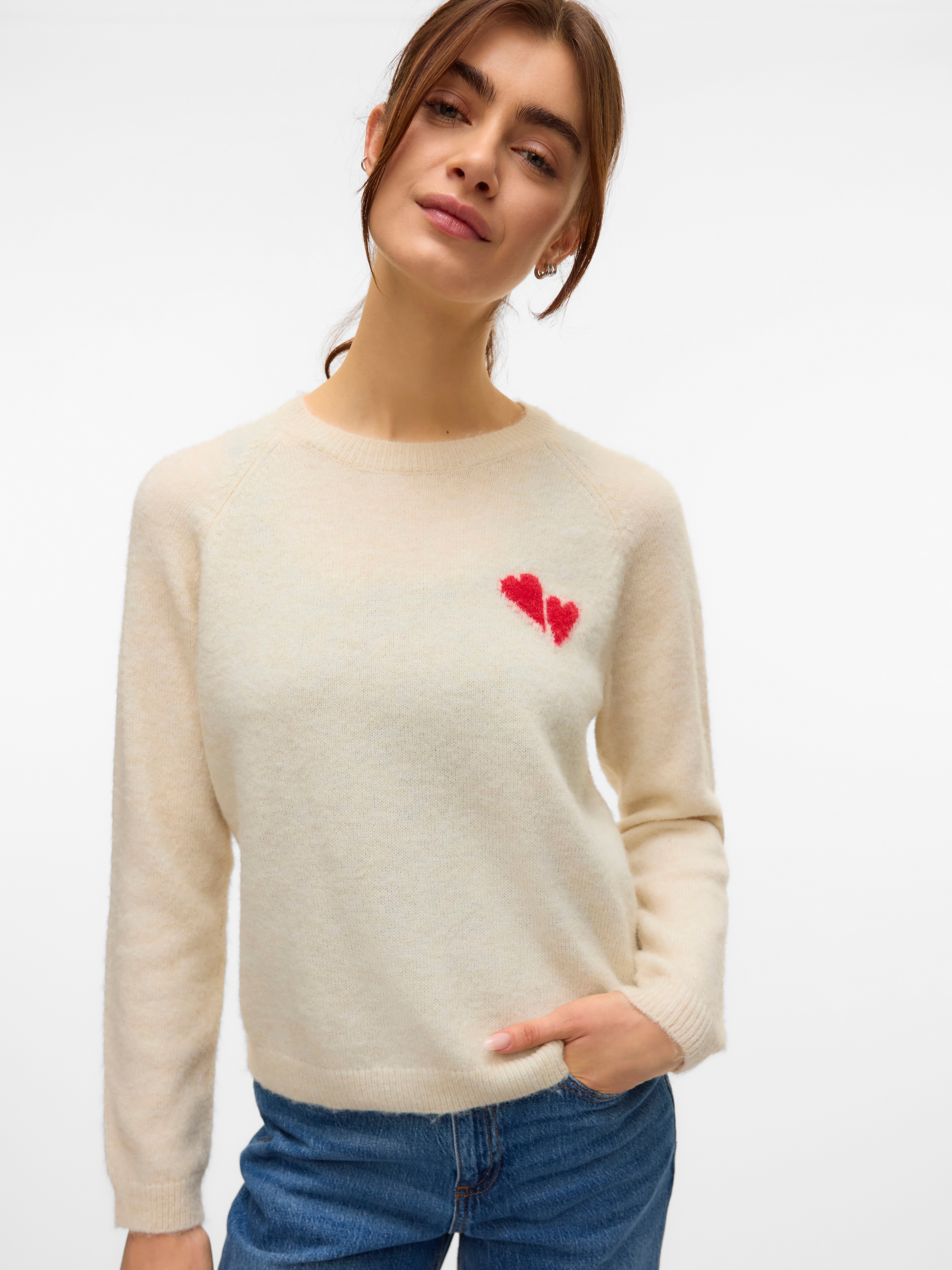 Strickpullover VERO MODA "VMBAM LS O-NECK PULLOVER BOO ENT", Damen, Gr. XS, rot (birch detail:melange with ribbon rot mel), Strick, Obermaterial: 79% Polyester, 13% Polyacryl, 5% Wolle, 3% Elasthan, meliert, unifarben mit Farbeinsatz, Modisch,...