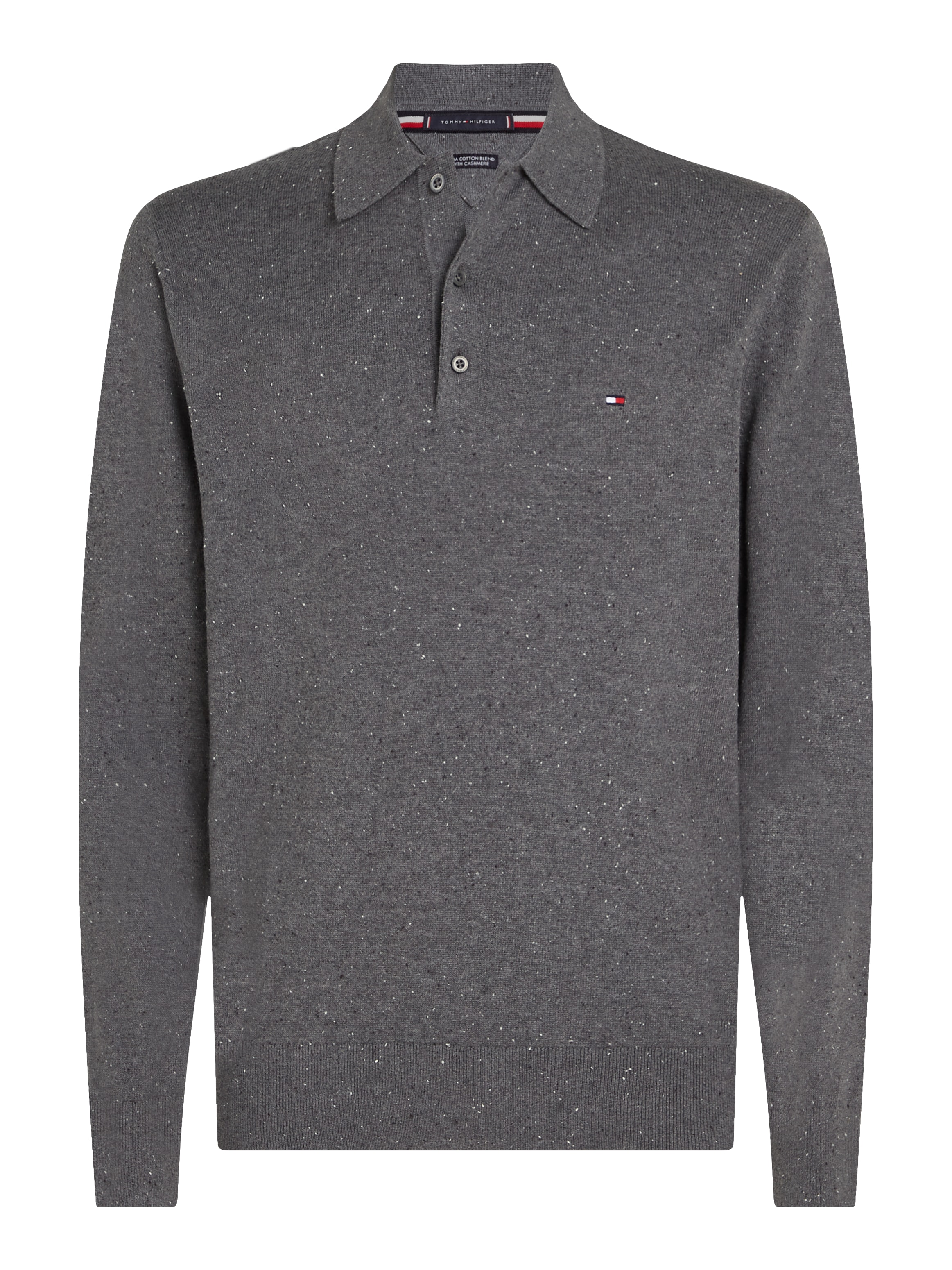 Polokragenpullover TOMMY HILFIGER "PIMA ORG CTN CASHMERE LS POLO", Herren, Gr. M, grau (medium grau heather), Strick, Obermaterial: 92% Baumwolle, 8% Kaschmir, casual, regular fit, Langarm, Pullover, Flag-Stickerei auf Brust