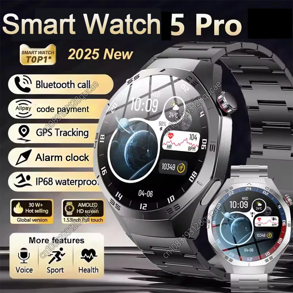2025 Neue Modeuhr 5 Pro GPS NFC Smartwatches Männer 1,5 AMOLED Gesundheitsmonitor IP68 Wasserdicht Bluetooth Anrufe Smart Armband Image