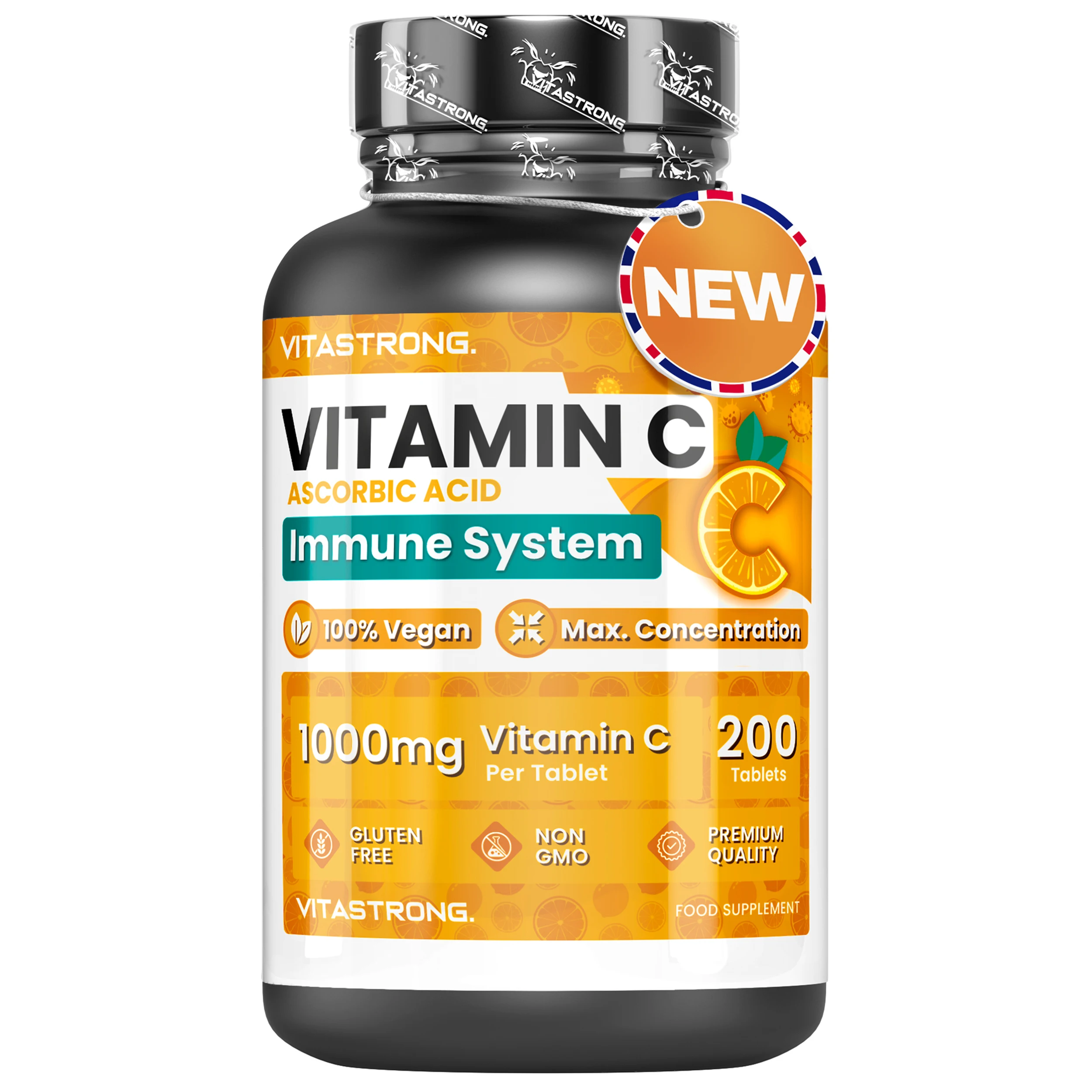 Vitastrong Vitamin C 1000 mg hohe Dosis-200 Tabletten, 100 % vegan, ascorbinier Säure mit langsamer Freisetzung zur Unterstützung des Immunsystems, Hautgesundheit, Ermüdungsreduzierung und Image