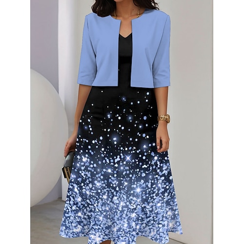 Damen Kleid-Set Midi-Kleid A Linie Kleid Elegant Lässig Ombre Grafik Patchwork Druck Midikleid Halbarm V Ausschnitt Urlaub Date Blau Rosa Purpur Sommer Frühling Normale Passform Image