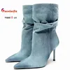 2025 Blaue High Heels Damenschuhe Slip On Thin Heels Spitzer Kopf Kurze Stiefel Wildleder Denim Damen Pumps Freizeitschuhe Größe 35-40
