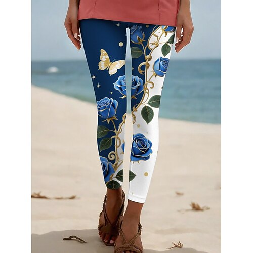 Damen Hosen Hose Leggings Streetwear Lässig Volle Länge Hohe Taille Blumen Elastischer Bund Druck Atmungsaktivität Bequem Dehnbar Urlaub Straße Alltagskleidung Marinenblau Blau Purpur Fuchsie Sommer Image