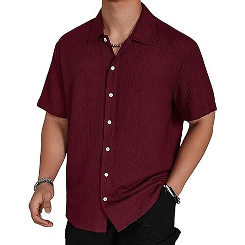 Herren Hemd Sommerhemd Freizeithemd Strandhemd Knopfhemd Dunkelbraun Schwarz Weiß Hellgrün Rosa Kurzarm Einfach Revers Urlaub Hawaiianisch Bekleidung Polyester Mode Lässig Bequem Image