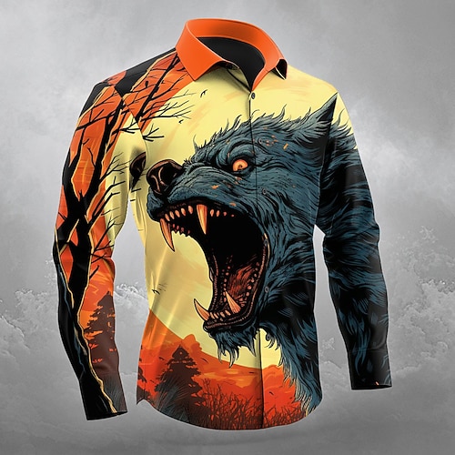 Herren Tier Wolf Kostüme Hemd Button-Up Hemd Langarm Dunkel Gothic Stil Outdoor Urlaub Frühling Herbst Umlegekragen 3D Druck Kragenhemden Orange Gelb Blau Orange Dunkelblau Image