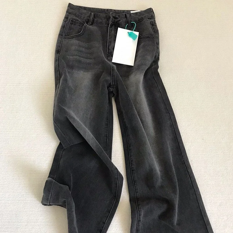 Dame Retro Schwarz Grau Hohe Taille Jeans Hosen Frauen Mode Gerade Bein Denim Hosen Mädchen Lose Fit Dünne Casual Hosen