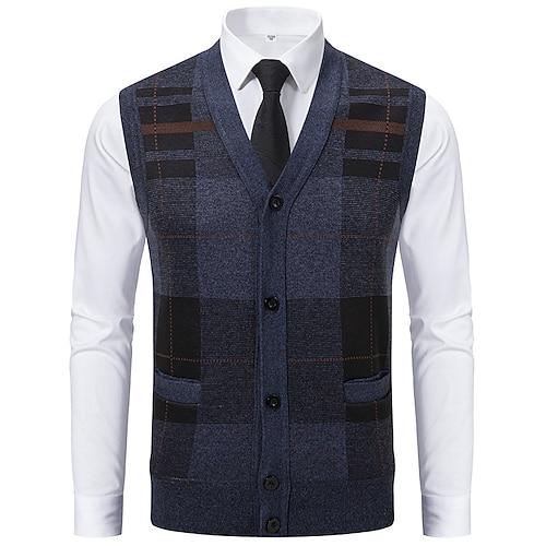 Herren Pullover Pullunder Kleid Pullover Strickjacke Strickpullover Gerippt Stricken Normale Oberteile Gestrickt Gerippt Karomuster V Ausschnitt Mode Schals Geschäft Lässig Bekleidung Herbst Winter