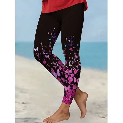 Damen Hosen Hose Leggings Streetwear Lässig Volle Länge Hohe Taille Blumen Elastischer Bund Druck Atmungsaktivität Bequem Dehnbar Urlaub Straße Alltagskleidung Gelb Rote Purpur Fuchsie Sommer Image