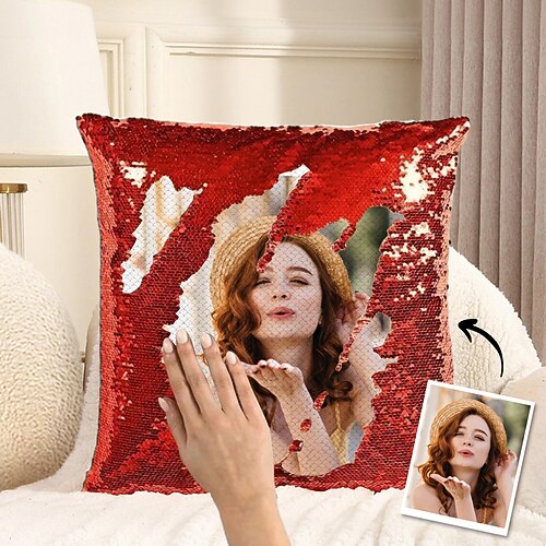 individuelles Foto-Paillettenkissen für Frauen, personalisierter Wendekissenbezug mit Ihrem Bild, einzigartiges Geschenk zum Geburtstag oder Valentinstag Image