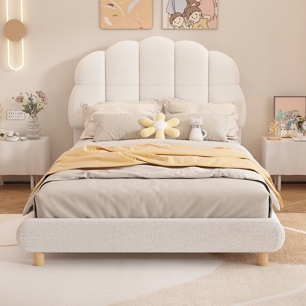 KOMHTOM 90x200 cm Flachbett für Kinder, Plush-Bett mit niedlichem Kopfteil, Weiß