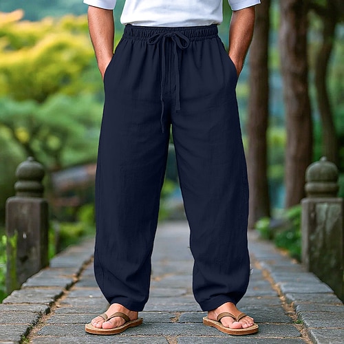Herren Leinenhosen Hose Sommerhose Strandhose Kordelzug Elastischer Bund Falten Einfach Komfort Atmungsaktiv Volle Länge Outdoor Lässig Täglich Urlaub Mode Schwarz Weiß Unelastisch Image