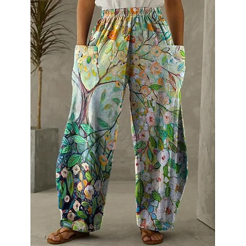 Damen Leinenähnliche Weitbeinige Chinos Urlaub Vintage Ethnischer Stil Voller Länge Hohe Taille Floral Grafisch Abstrakt Elastischer Bund Unelastisch Freizeit Alltag Lässig Lila Grün Hellgrün Sommer Image