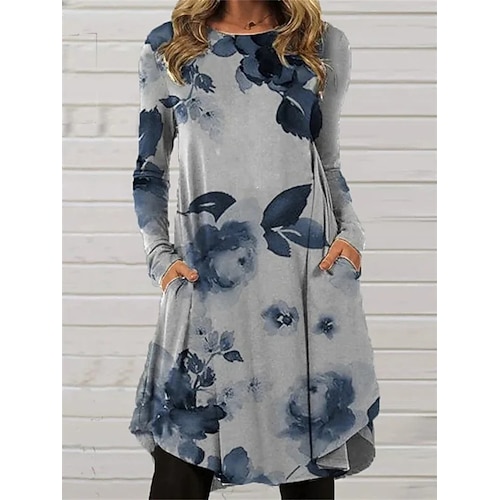 Damen Minikleid T-Shirt-Kleid A Linie Kleid Urlaub Lässig Täglich Date Normale Passform Ombre Grafik Abstrakt Langarm Rundhalsausschnitt Blau Hellgrün Hellgrau Grau Sommer Frühling Herbst Winter Image