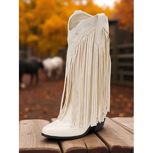 Damen Western-Cowboystiefel mit Fransen – kniehohe Stiefel aus braunem Kunstleder mit gestickten Details, Retro-Country-Stil für Rodeo, Herbstfeste und Farmmode Image