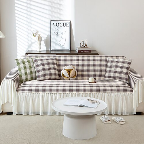 Unbedrucktes Sofatuch mit gemustertem Rockrand, eleganter und einfacher rutschfester, staubdichter Sofabezug, modischer Schonbezug für 1-4-Kissen-Sofas und L-förmige Sofas, einfach anzubringen Image