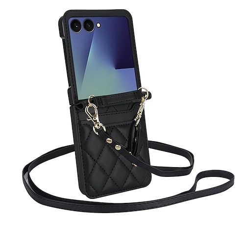 Handy Hülle Handyhüllen Für Samsung Galaxy Z Flip 7 Z Flip 6 Z Flip 5 Z Flip 4 Rückseite mit Trageriemen Kartenfach Stoßfest Retro TPU PU-Leder Image