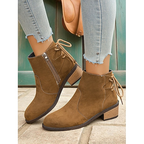 Damenstiefeletten aus Wildlederimitat in Kamelbraun mit seitlichem Reißverschluss und Spitzendetail – bequeme Stiefel mit Blockabsatz für die lässige Herbstgarderobe Image